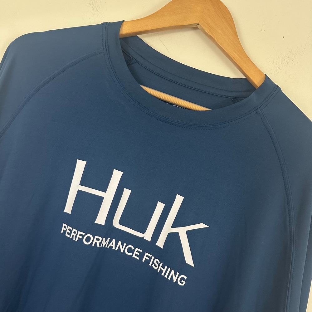 Huk Performance Fishing Shirt Blue Stretch Spell Out Raglan Sleeve Tee Mens 2XL